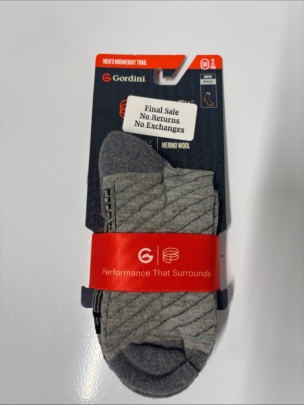 Gordini Men's 2 pair pack Midweight trail quarter sock Merino Wool size medium